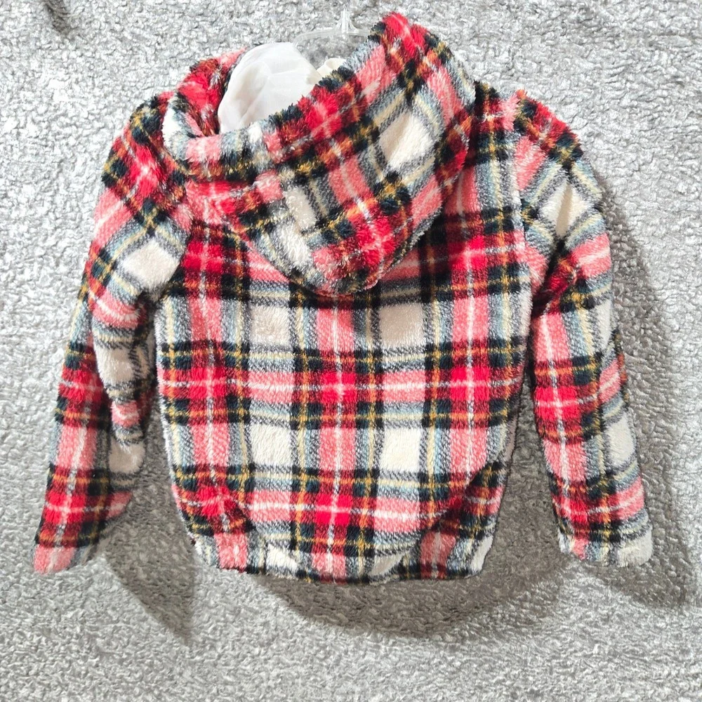 Old Navy Kids Red White Tartan Plaid Hooded Elmo Fleece‎ Jacket Sz M 8 807714-00